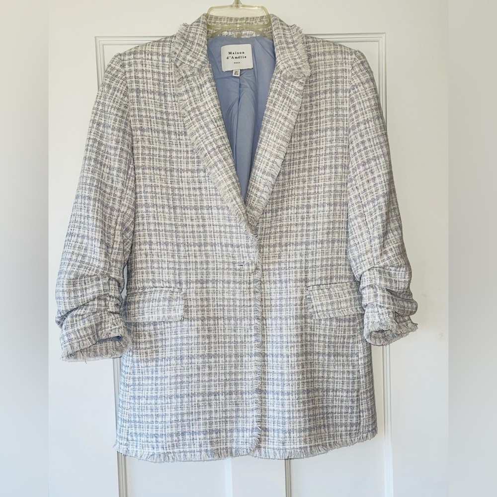 Maison d'Amelie Paris Blazer Tweed powder blue/ white Ruched Sleeve  Sz 2